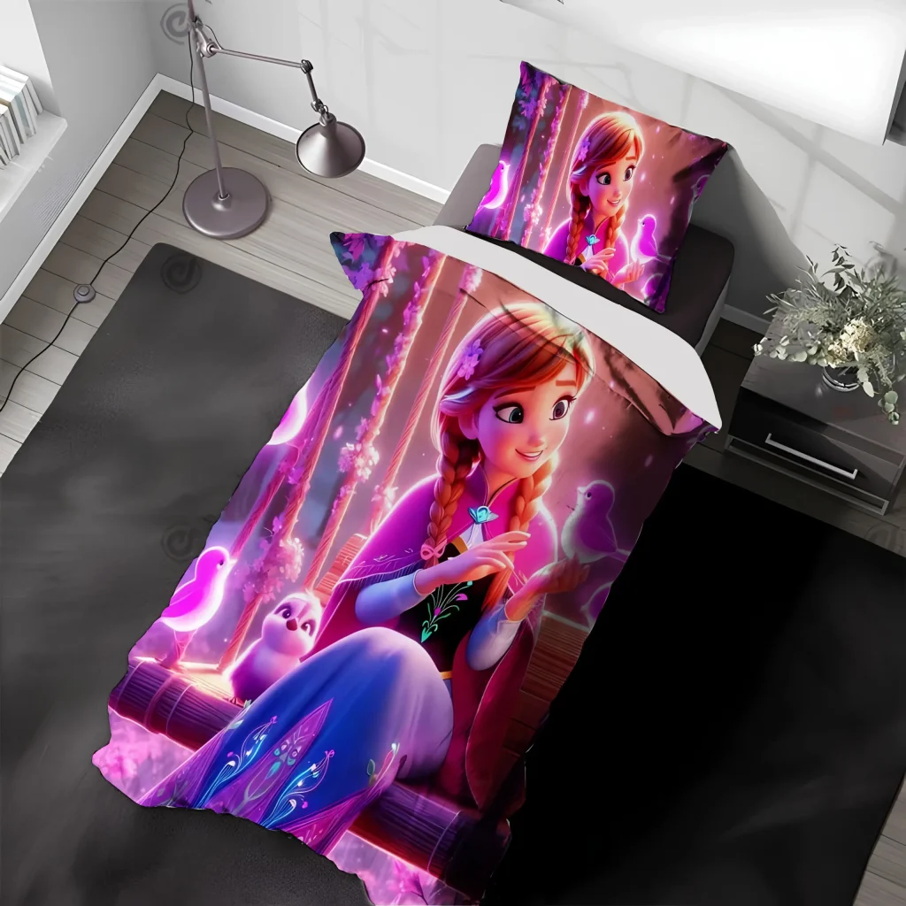 ست روتختی تک نفره دخترانه با طرح پرنسس آنا از کارتون فروزن، با رنگ‌های صورتی و بنفش جادویی، پارچه ضدحساسیت و باکیفیت.