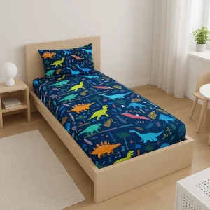 روتختی تک نفره پسرانه با پترن رنگارنگ و شاد از انواع دایناسورها روی پس زمینه سرمه‌ای.