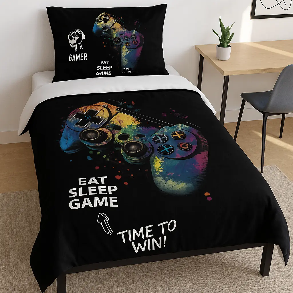 روتختی نوجوان با طرح دسته بازی گیمینگ و نوشته Eat Sleep Game روی پس‌زمینه مشکی در یک اتاق خواب مدرن