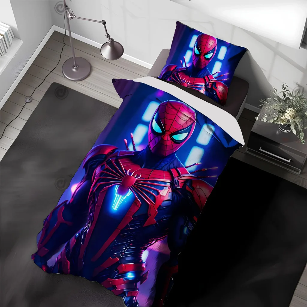 ست روتختی تک نفره پسرانه طرح اسپایدرمن مدرن با لباس زرهی و نور نئون آبی و قرمز، با پس‌زمینه تیره و جلوه سه بعدی.