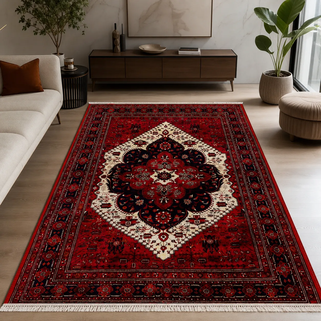 670q فرشینه 12 متری قرمز لاکی سنتی طرح ترنج کد 670 - تصویر 1