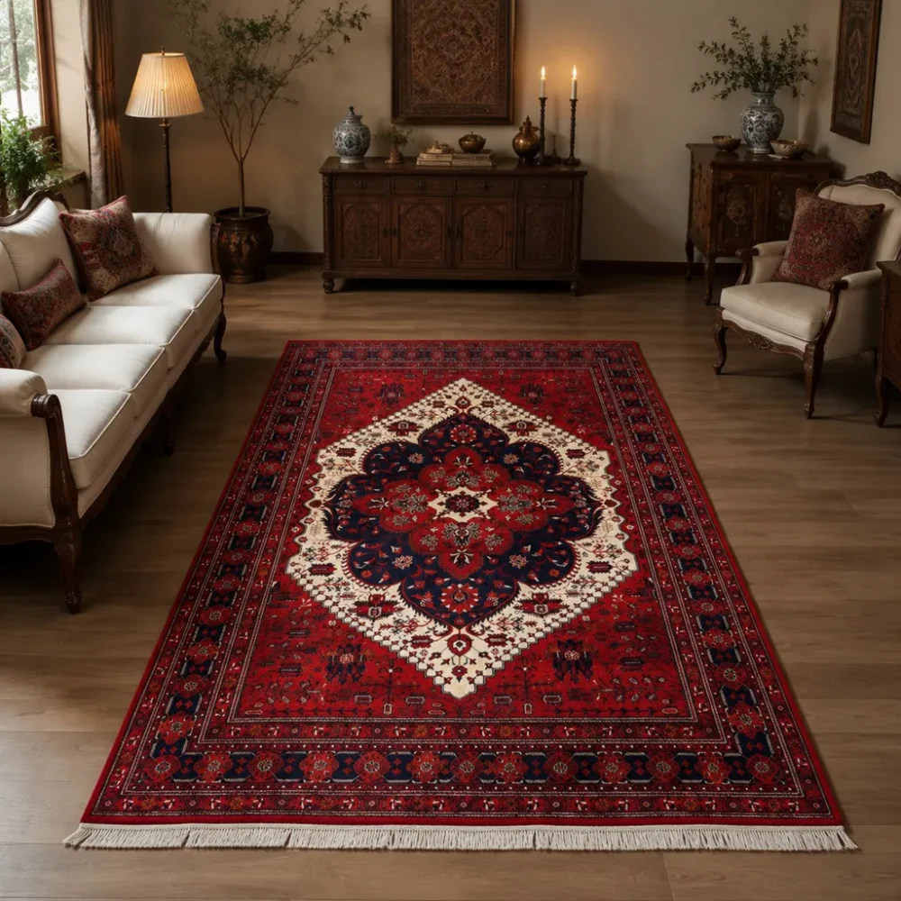 فرشینه 12 متری قرمز لاکی سنتی طرح ترنج کد 670 - تصویر 4