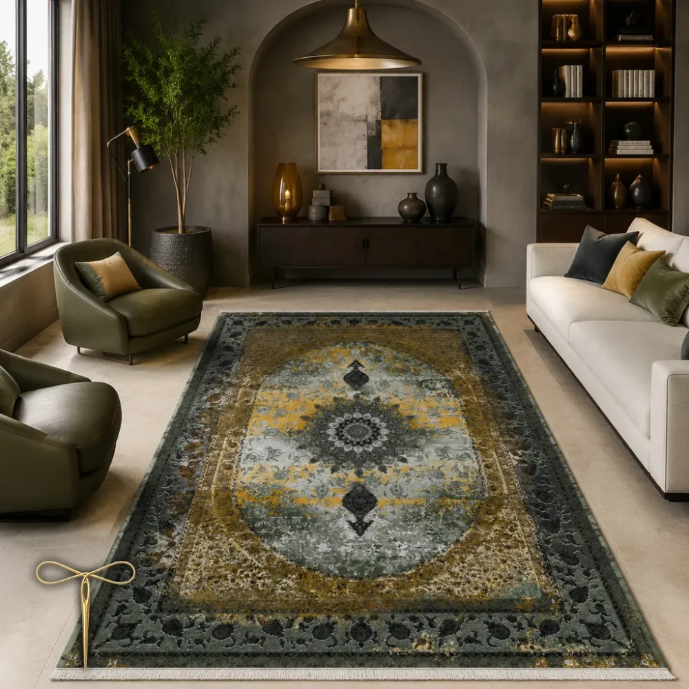 کناره خردلی طوسی وینتیج طرح ترنج کد H144-c - تصویر 3
