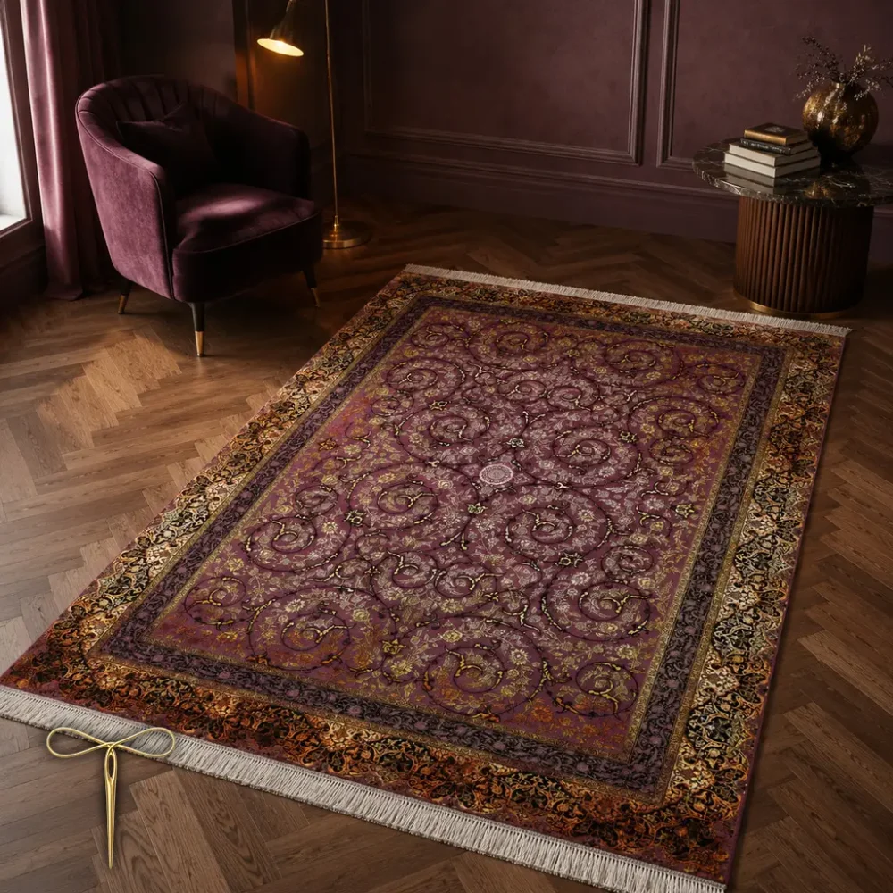 فرش قرمز بنفش طرح اسلیمی 12 متری کد H439 - تصویر 3